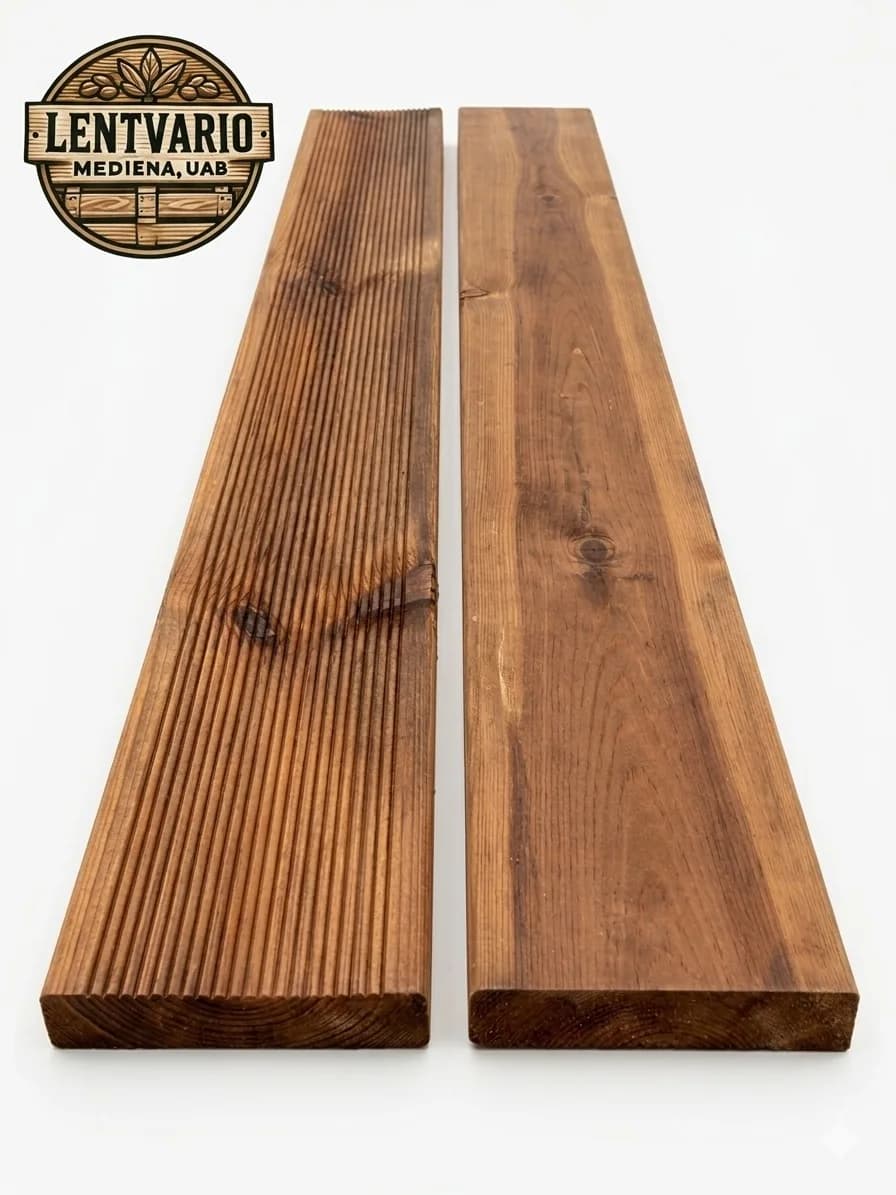 Pušinė terasinė lenta lygi 28×120 mm, vakuuminiu impregnuota – Lentvario Mediena